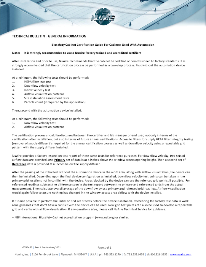 Biosafety Cabinet Certification Guide For Cabinets Used With Automation