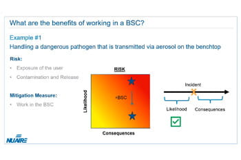Laboratory professionals attending a biosafety webinar with visuals of airflow diagrams, cabinet classes, and risk assessment principles.