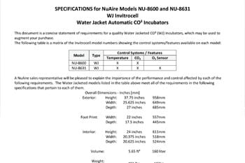 NuAire WJ In-VitroCell CO₂ Incubator Specifications – Models NU-8600, NU-8625, NU-8631, NU-8645