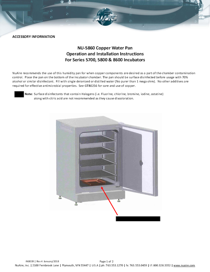 NU-5860 Copper Water Pan Operation and Installation Instructions for NU-5700, NU-5800, and NU-8600 Series Incubators