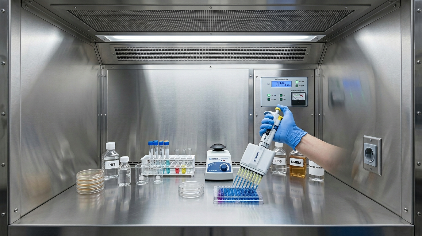 The AireGard NU-240 Horizontal Laminar Airflow Workstation comes standard with a smooth work zone constructed of stainless steel for enhanced cleanability.