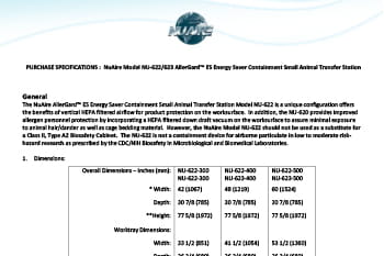 NU-622/NU-623 Animal Transfer Station – Specification Sheet (PSP-0024)