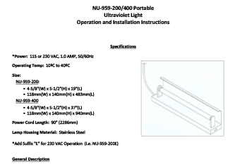 NU-959 Portable Ultraviolet Light Instructions