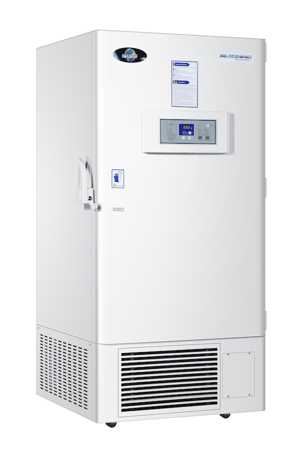 Blizzard ultra low temperature freezer model NU-99728J facing right with exterior door closed. 