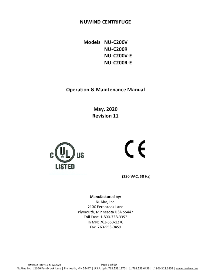 NU-C200 and NU-C200E Operations and Maintenance Manual