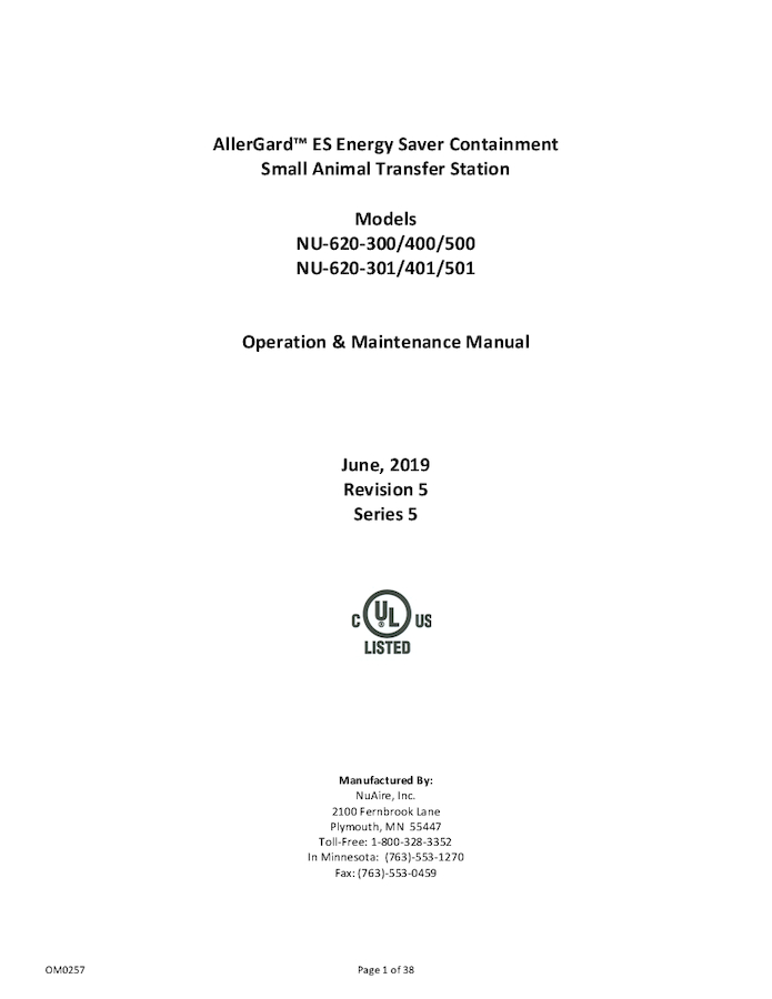AllerGard NU-620 Series 5 Animal Transfer Station Manual