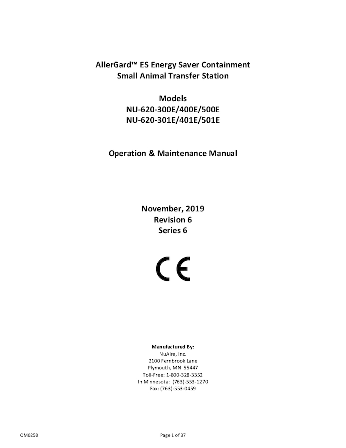 AllerGard NU-620E Series 6 Animal Transfer Station Manual