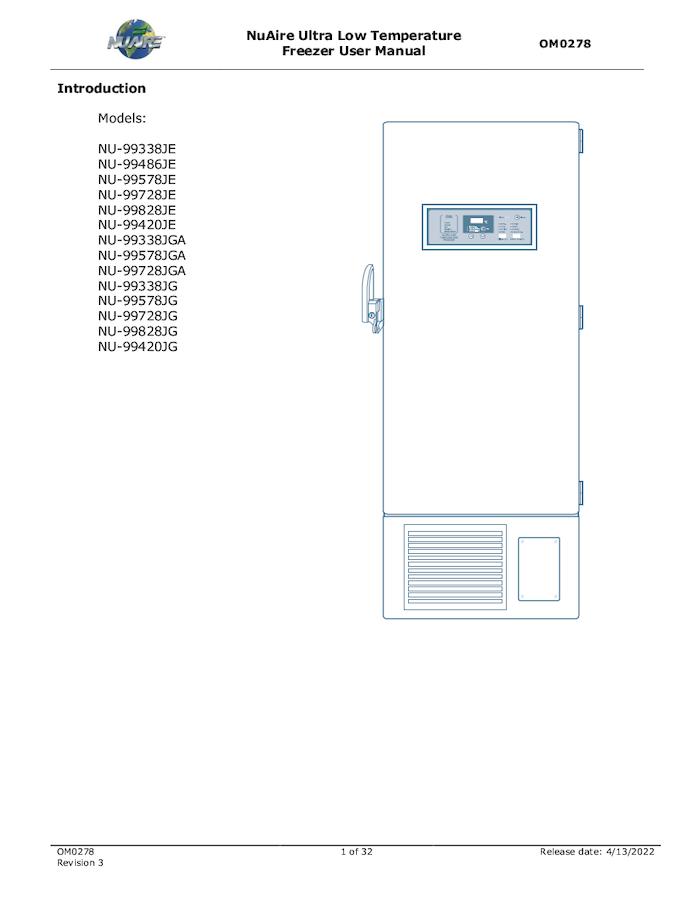 NuAire Ultra Low Temperature Freezer User Manual