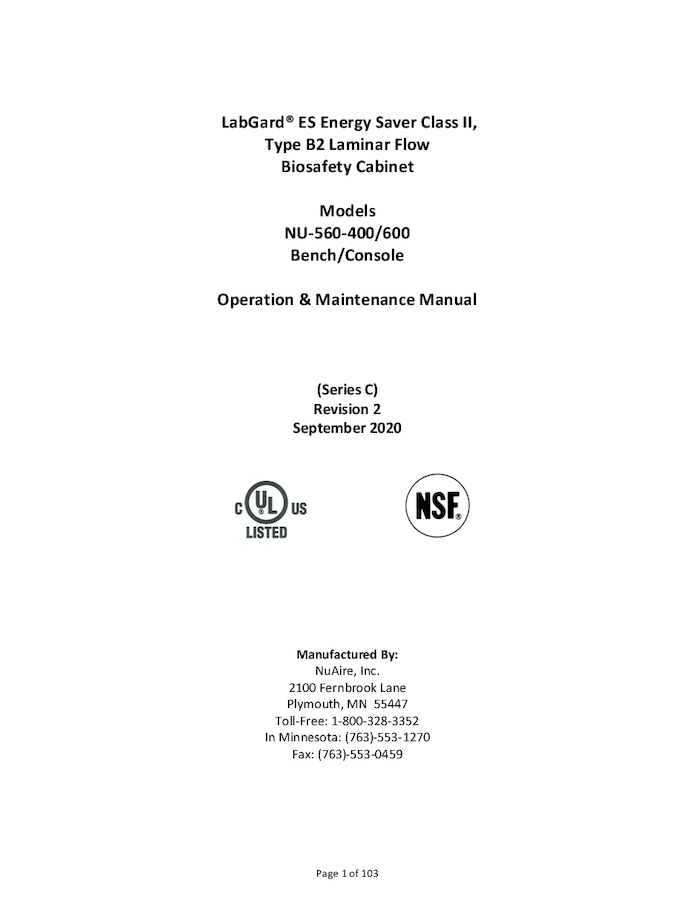 NU-560 Series C Class II, Type B2 Biosafety Cabinet Manual
