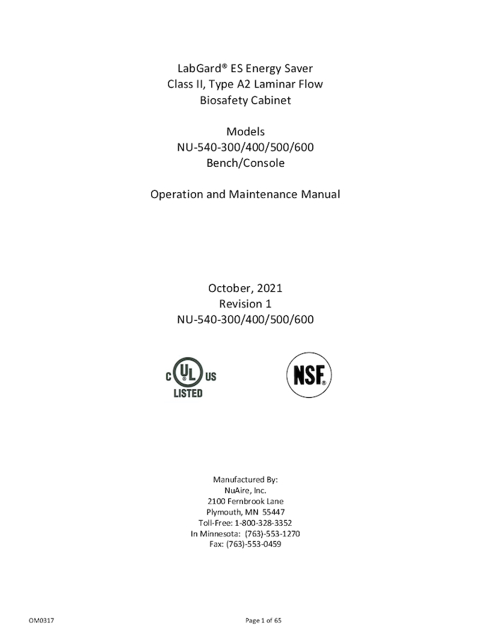 OM0317 NU-540 Class II, Type A2 Biosafety Cabinet Manual