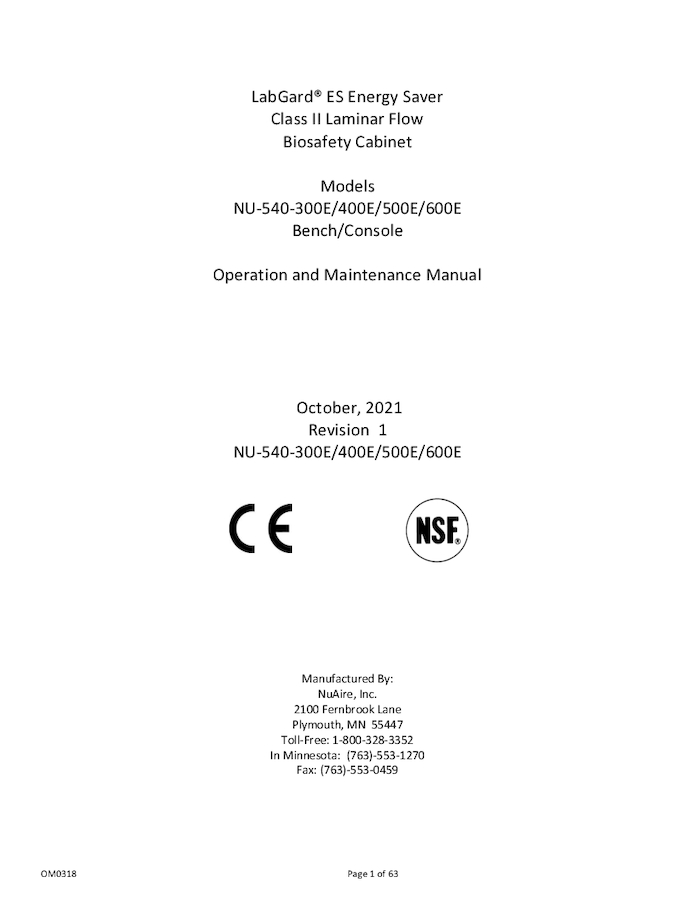 OM0318 NU-540E Class II, Type A2 Biosafety Cabinet Manual