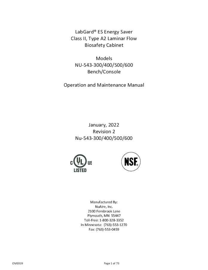OM0319 NU-543 Biosafety Cabinet Operation and Maintenance Manual