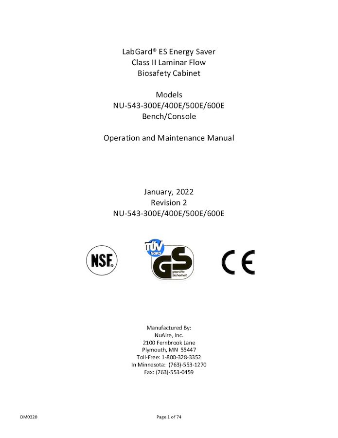 OM0320 NU-543E Biosafety Cabinet Operation and Maintenance Manual