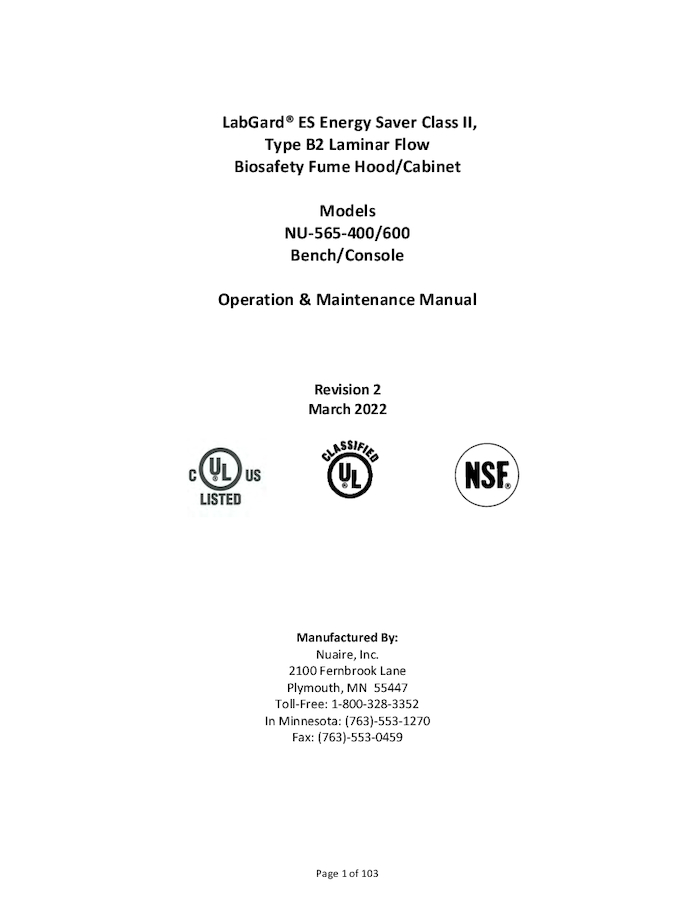 OM0325 NU-565 Class II, Type B2 Biosafety Fume Hood/Cabinet Manual