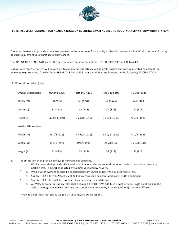 Laminar Airflow Workstation Horizontal NU-340E (230V)