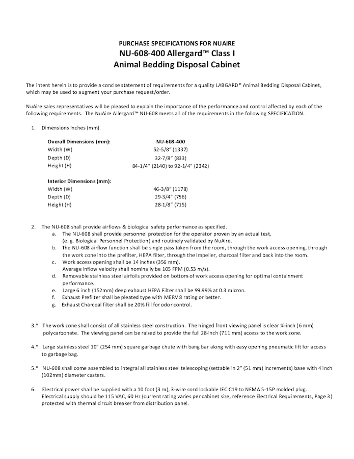 NU-608-400 Animal Dump Station 115V Spec