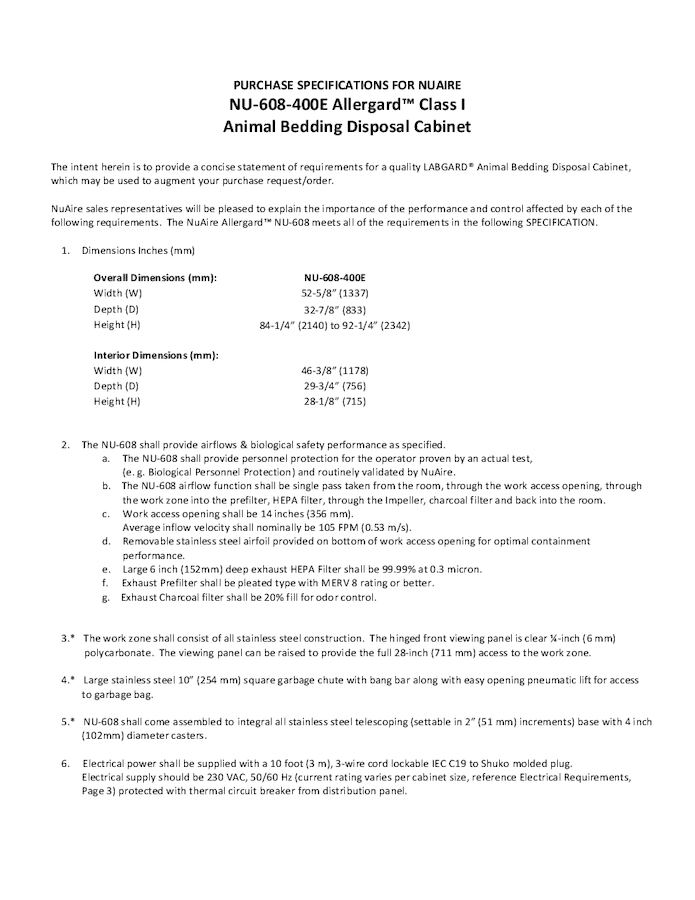 NU-608-400 Animal Dump Station 230V Spec